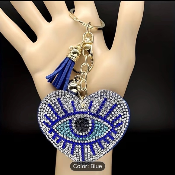 Blue/silver rhinestone Evil Eye Heart Keychain - Picture 3 of 4